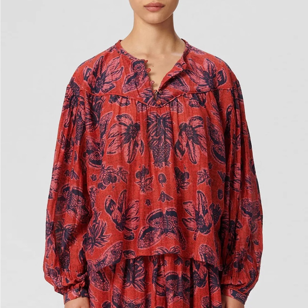 HUF Red Blouse with Mandarin Collar and Relaxed Fit